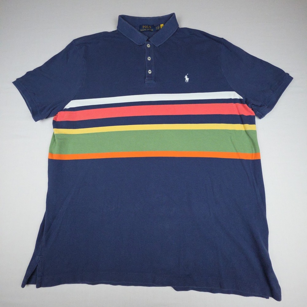 Polo Ralph Lauren Classic Fit Multi-Stripe Polo Shirt Mens XL Blue Cotton Pique
